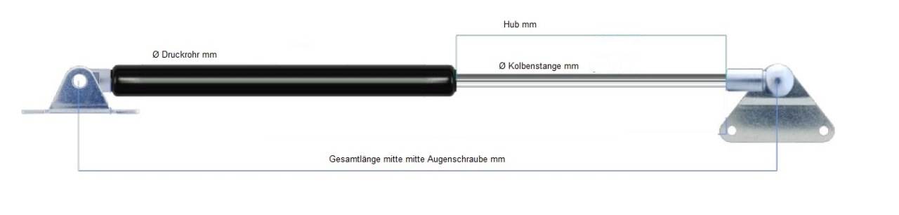 Gasdruckfeder 08/18, 210mm-A0=500mm-50N, verzinkt, Kolbenstange hart  verchromt mit Augenschraube 8mm Typ GDF-18-210-500-50N Farbe: silber für  Essmann-RWG F6 STF